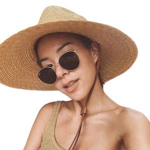 Wide Brim Tall Dented Crown Fedora Chin Strap Straw Sun Hat NWT